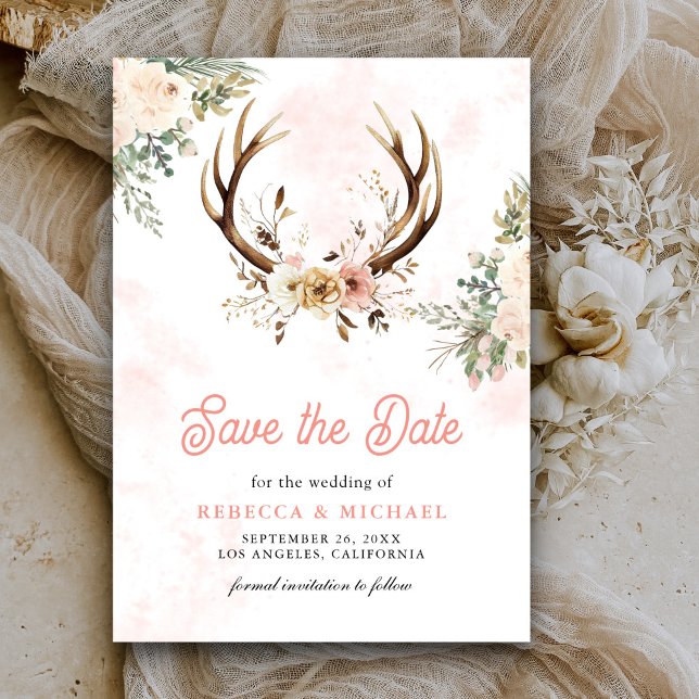 Save The Date Mariage Bohème Rustique Fleurs Roses et Bois de Ce (Créateur téléchargé)