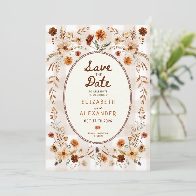 Save The Date Mariage bohème rustique floral d'automne (Debout devant)