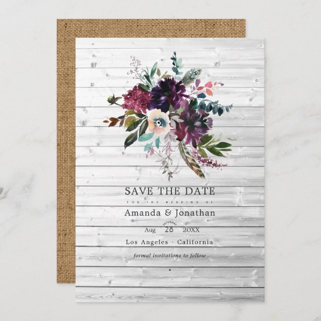Save The Date Mariage Bohème Rustique Floral Violet Bordeaux (Devant / Derrière)