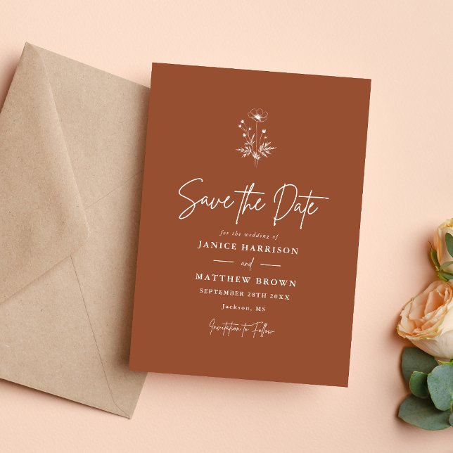 Save The Date Mariage Bohème Terracotta Fleur Sauvage Rustique (Rustic terracotta boho save the date adds floral charm and announces your wedding beautifully.)
