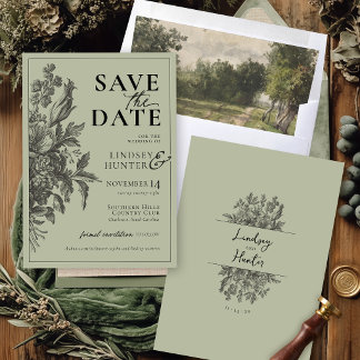 Save The Date Mariage Bohème Vintage Floral Vert Sauge Monogramm