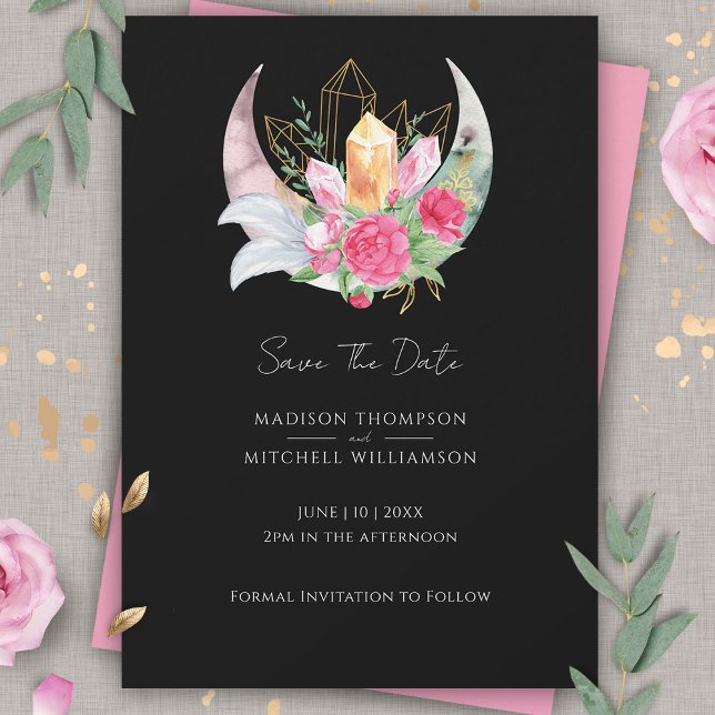 Save The Date Mariage Boho Lune Cristaux Plumes Fleurs Roses  (Créateur téléchargé)