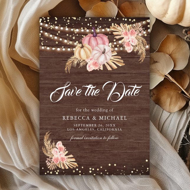 Save The Date Mariage Boho Pampas Roses Poussiéreuses Rose Bois  (Créateur téléchargé)