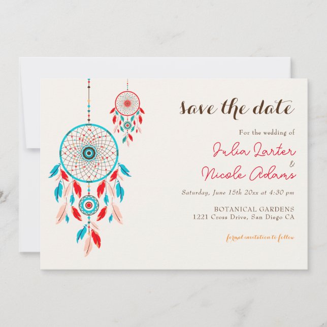 Save The Date Mariage Boho Tribal attrape-rêves à plumes (Devant)