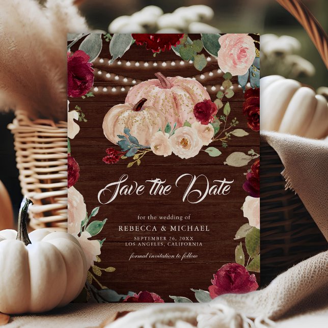 Save The Date Mariage Bois Citrouille Florale Pêche Bourgogne (Créateur téléchargé)