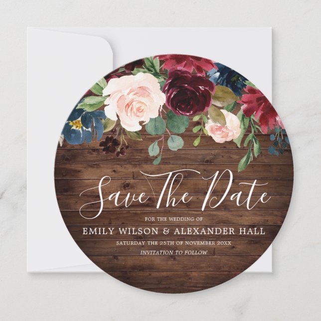 Save The Date Mariage Bois Rustique Vin Rouge Bourgogne (Devant)