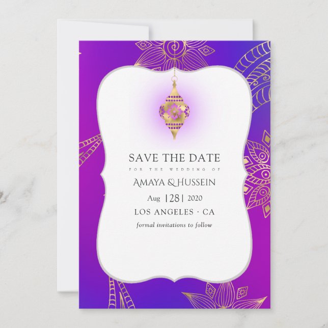 Save The Date Mariage Bollywood Arabe Feuille D'Or (Devant)
