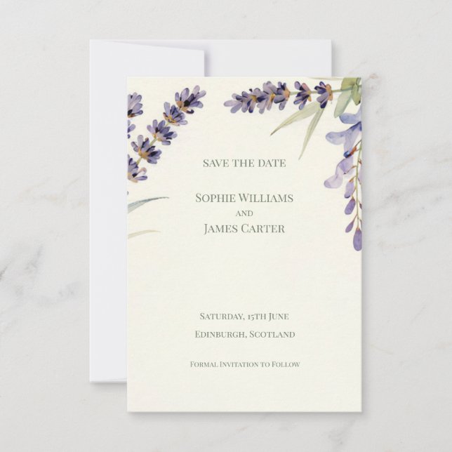 Save The Date Mariage botanique à la lavande bleue écossaise (Devant)