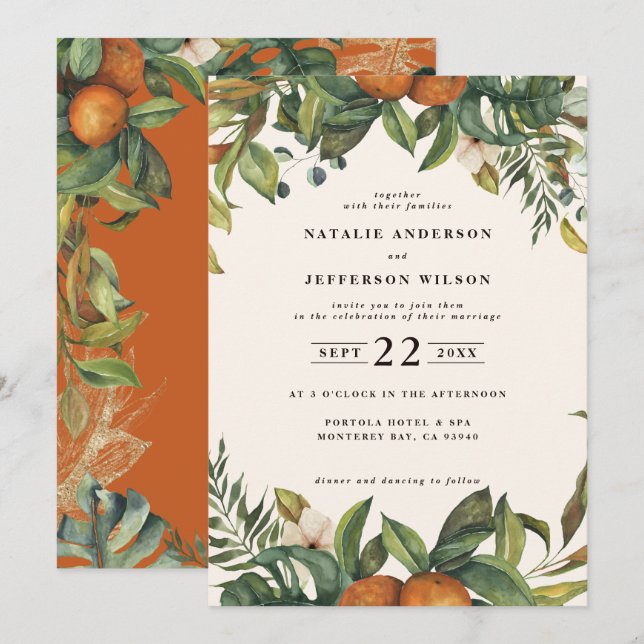 Save The Date Mariage botanique à l'aquarelle orange citrus (Devant / Derrière)