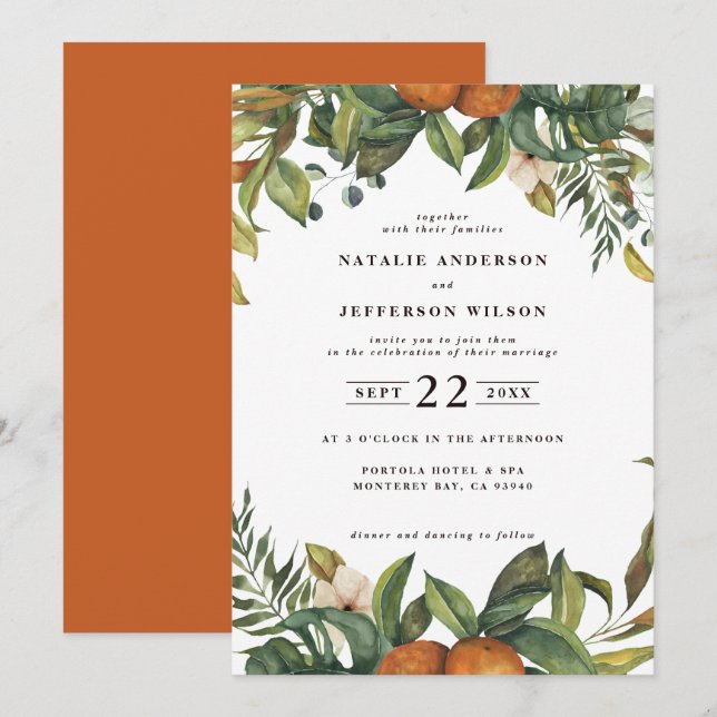 Save The Date Mariage botanique à l'aquarelle orange citrus (Devant / Derrière)
