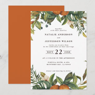 Save The Date Mariage botanique à l'aquarelle orange citrus