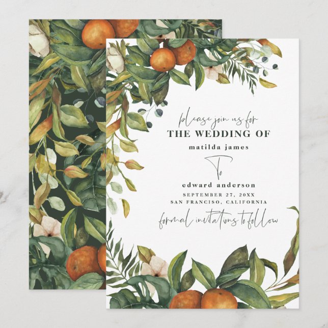 Save The Date Mariage botanique aquarelle citrus orange (Devant / Derrière)