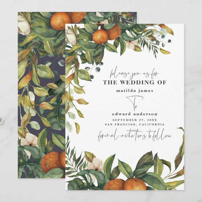 Save The Date Mariage botanique aquarelle orange citrus (Devant / Derrière)