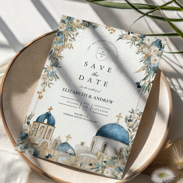 Save The Date Mariage botanique aux dômes bleus de Santorin (Créateur téléchargé)