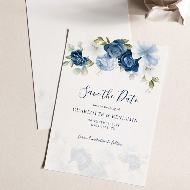 Save The Date Mariage botanique bleu Dusty (Dusty Blue Floral Wedding Save the Date Card)