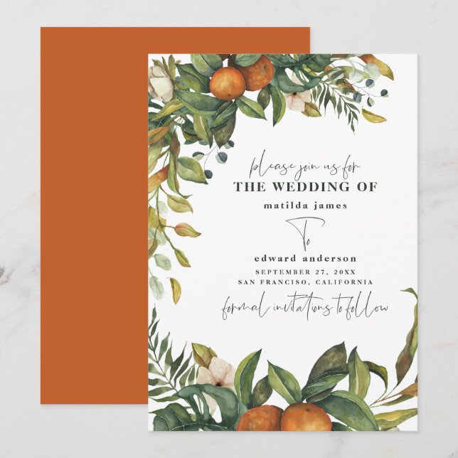 Save The Date Mariage botanique d'agrumes orange (Devant / Derrière)