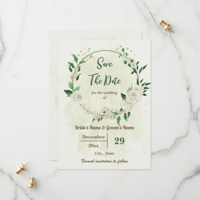 Save The Date mariage botanique de fleurs blanches d'ivoire (Devant/Arrière en situation)