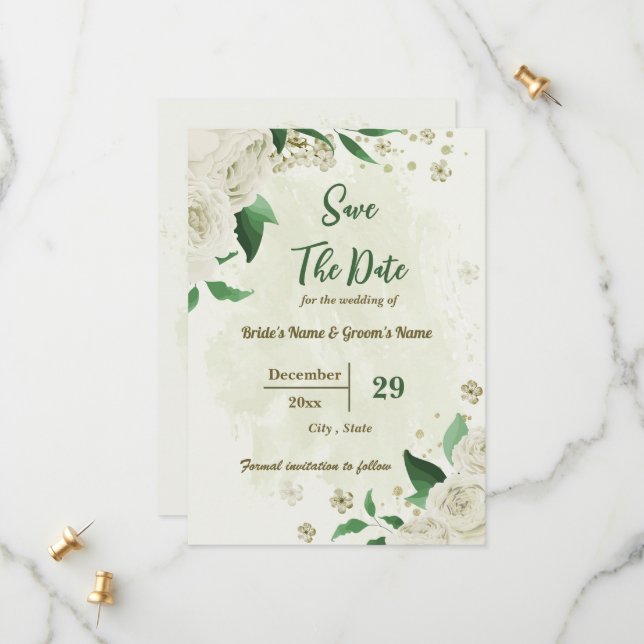 Save The Date mariage botanique de fleurs blanches d'ivoire (Devant/Arrière en situation)