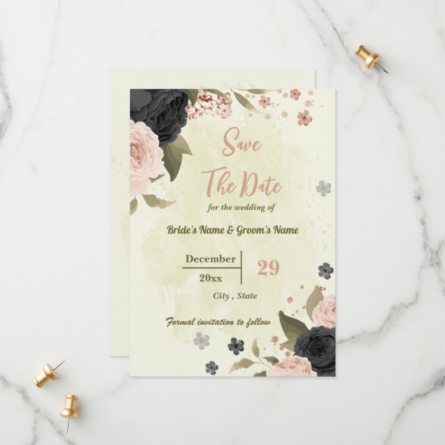 Save The Date mariage botanique de fleurs roses et noires (Devant/Arrière en situation)