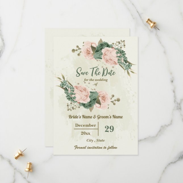 Save The Date Mariage botanique de fleurs vertes de blanc et de  (Devant/Arrière en situation)