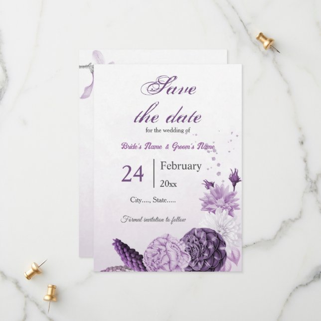 Save The Date mariage botanique de fleurs violettes (Devant/Arrière en situation)
