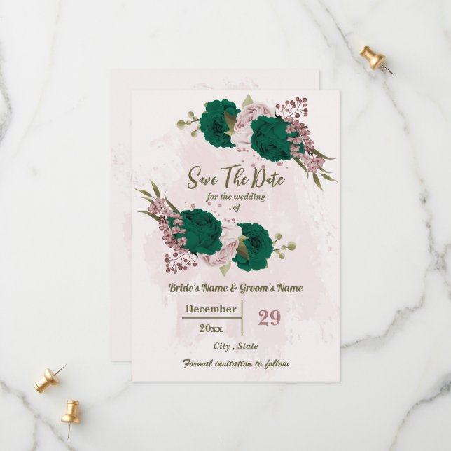 Save The Date mariage botanique des fleurs vert émeraude rose (Devant/Arrière en situation)