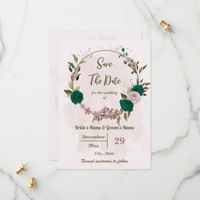 Save The Date mariage botanique des fleurs vert émeraude rose (Devant/Arrière en situation)