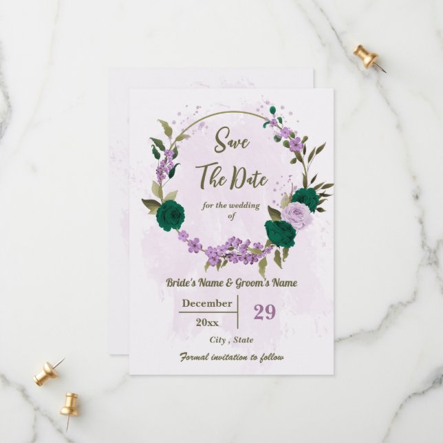 Save The Date mariage botanique des fleurs violettes vert émerau (Devant/Arrière en situation)