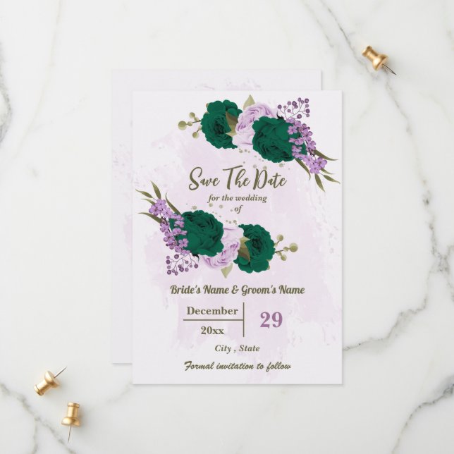 Save The Date mariage botanique des fleurs violettes vert émerau (Devant/Arrière en situation)