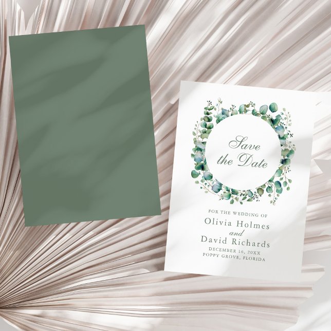 Save The Date Mariage botanique Eucalyptus (Modern Greenery Eucalyptus Botanical Wedding Save The Date on a sunny neutral dry palm leaf.)