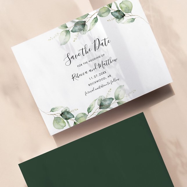 Save The Date Mariage botanique Feuille d'Eucalyptus (Eucalyptus Greenery Save the Date Script Wedding Announcement Card)