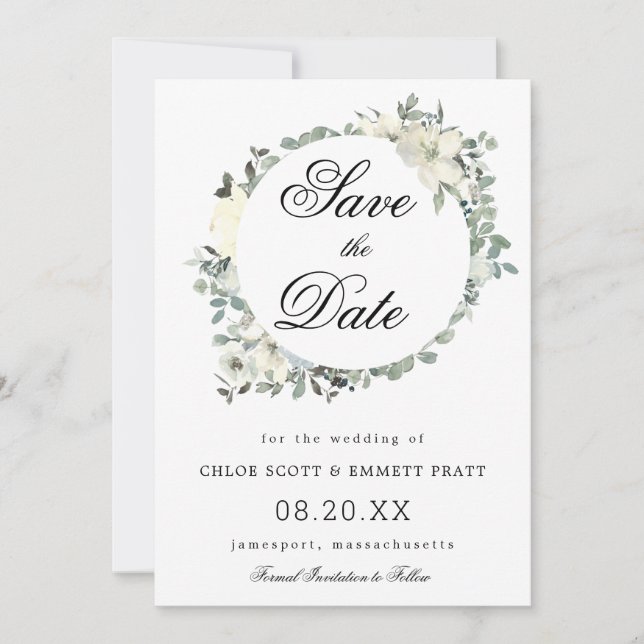 Save The Date Mariage botanique floral blanc (Devant)