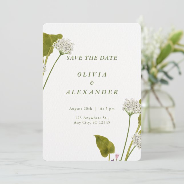 Save The Date Mariage Botanique Floral Blanc Élégant (Debout devant)