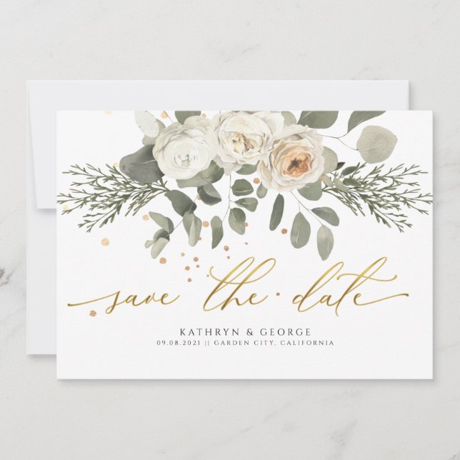Save The Date Mariage botanique floral corail doux et verdure (Devant)