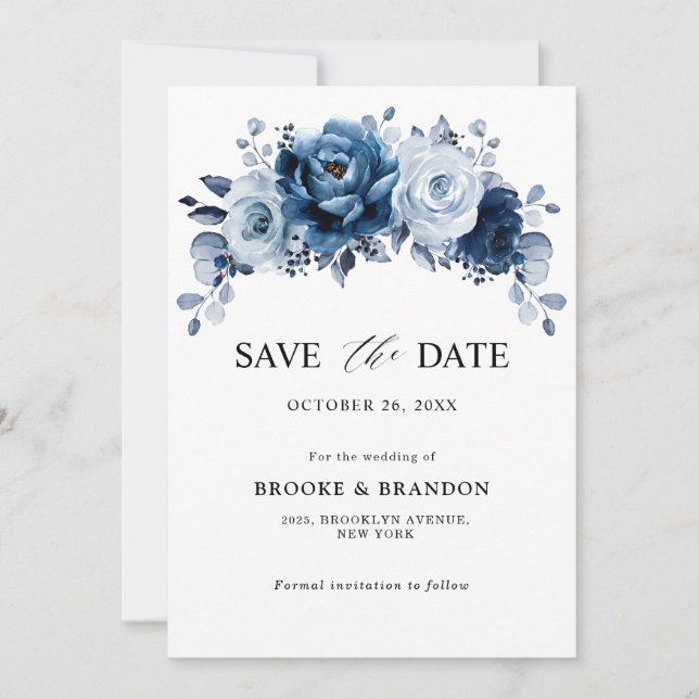 Save The Date Mariage botanique floral en bleu ardoise poussiére (Devant)
