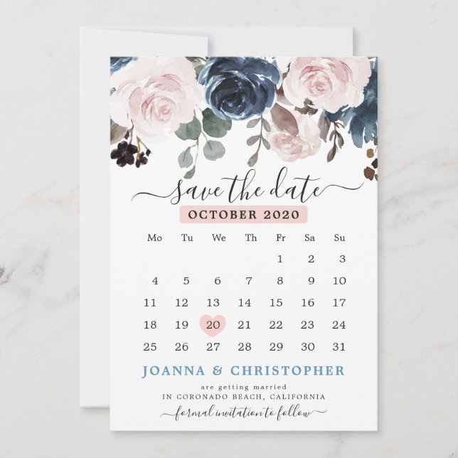 Save The Date Mariage Botanique Floral Rose Pâle Bleu Poussiéreu (Devant)