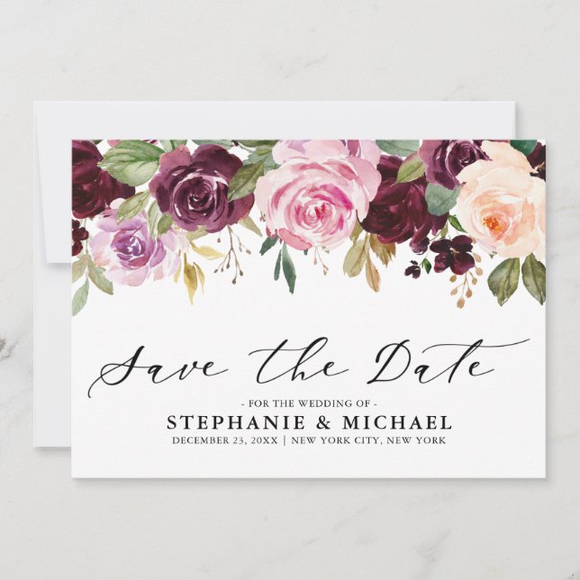 Save The Date Mariage Botanique Floral Rose Pourpre Blush Violet (Devant)