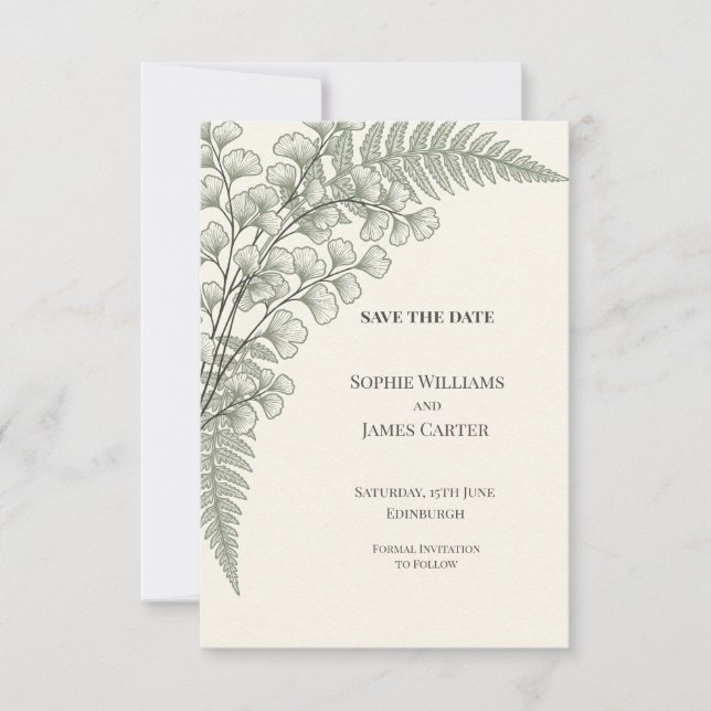 Save The Date Mariage Botanique Fougère Ginkgo (Devant)