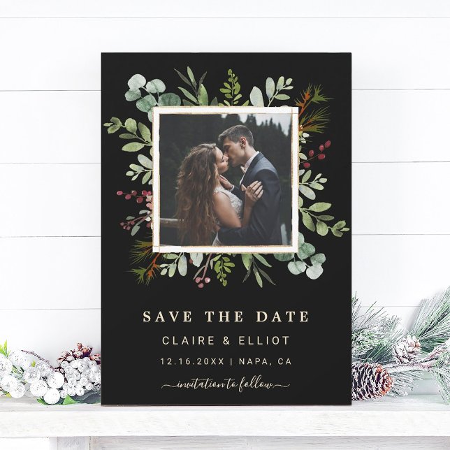 Save The Date Mariage botanique Noël Photo Noir (Créateur téléchargé)