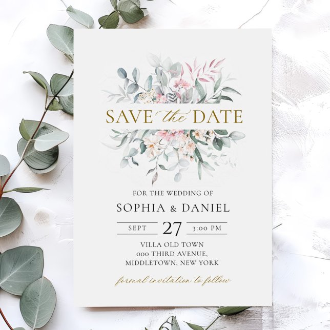 Save The Date Mariage botanique rose pâle à fleurs Eucalyptus (Créateur téléchargé)