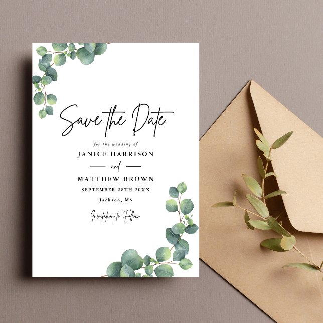 Save The Date Mariage Botanique Rustique au Eucalyptus Verdoyant (Rustic eucalyptus greenery save the date adds natural charm and beautifully announces your wedding.)