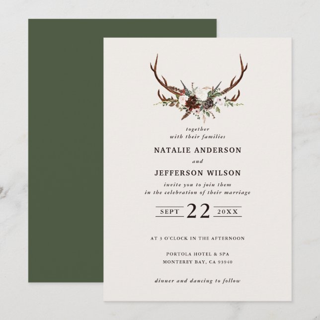 Save The Date Mariage botanique rustique, floral et vert cerf (Devant / Derrière)