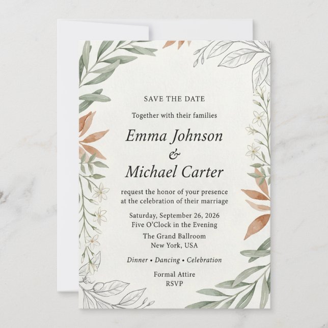 Save The Date Mariage Botanique Terracotta & Vert Sauge Boho  (Devant)