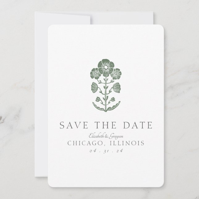 Save The Date Mariage botanique vert et blanc à impression en bl (Devant)