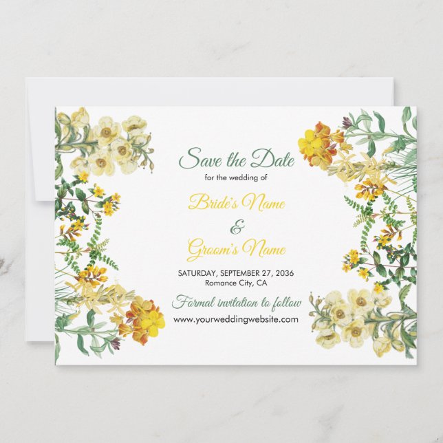 Save The Date Mariage botanique vintage jaune Aquarelle (Devant)
