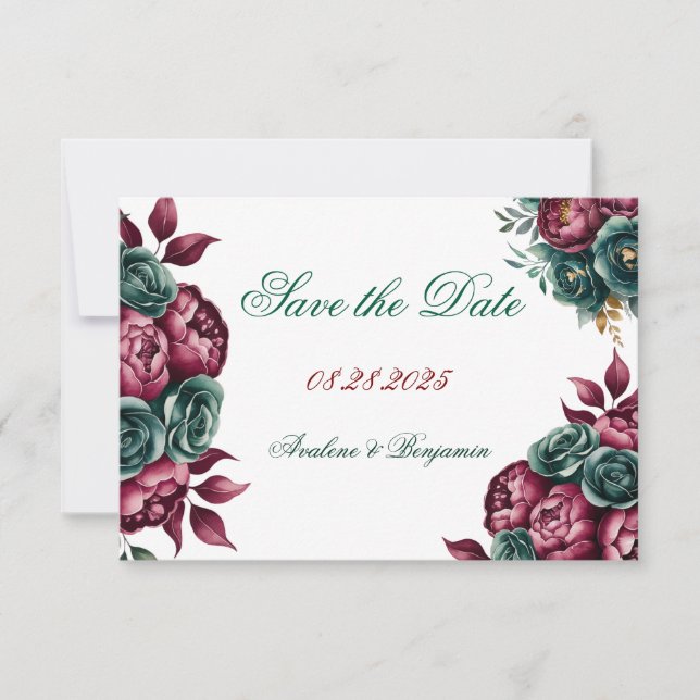Save The Date Mariage Burgundy Vert Émeraude Pivoine Garniture O (Devant)