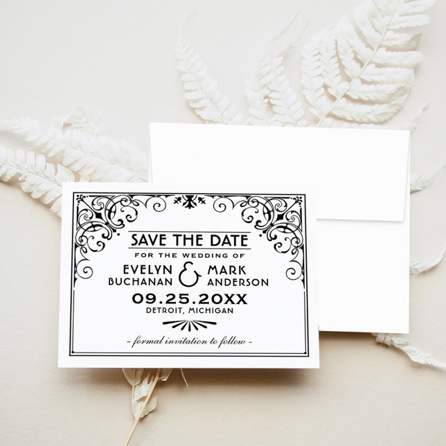 Save The Date Mariage cadre Art Déco noir et blanc (Créateur téléchargé)