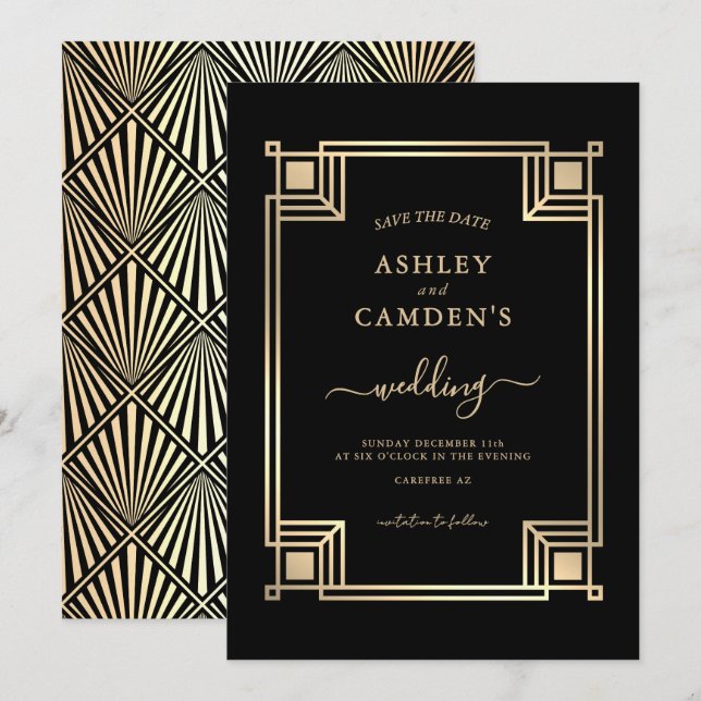 Save The Date Mariage Cadre Doré Élégant Art Déco (Devant / Derrière)