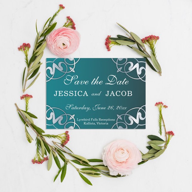 Save The Date Mariage Cadre Luxe Filigrane Argent et Sarcelle Dé (Créateur téléchargé)