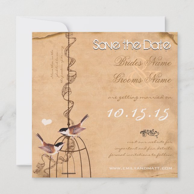 Save The Date Mariage Cage à Oiseaux en Damas Fleur de Pêche Rus (Devant)